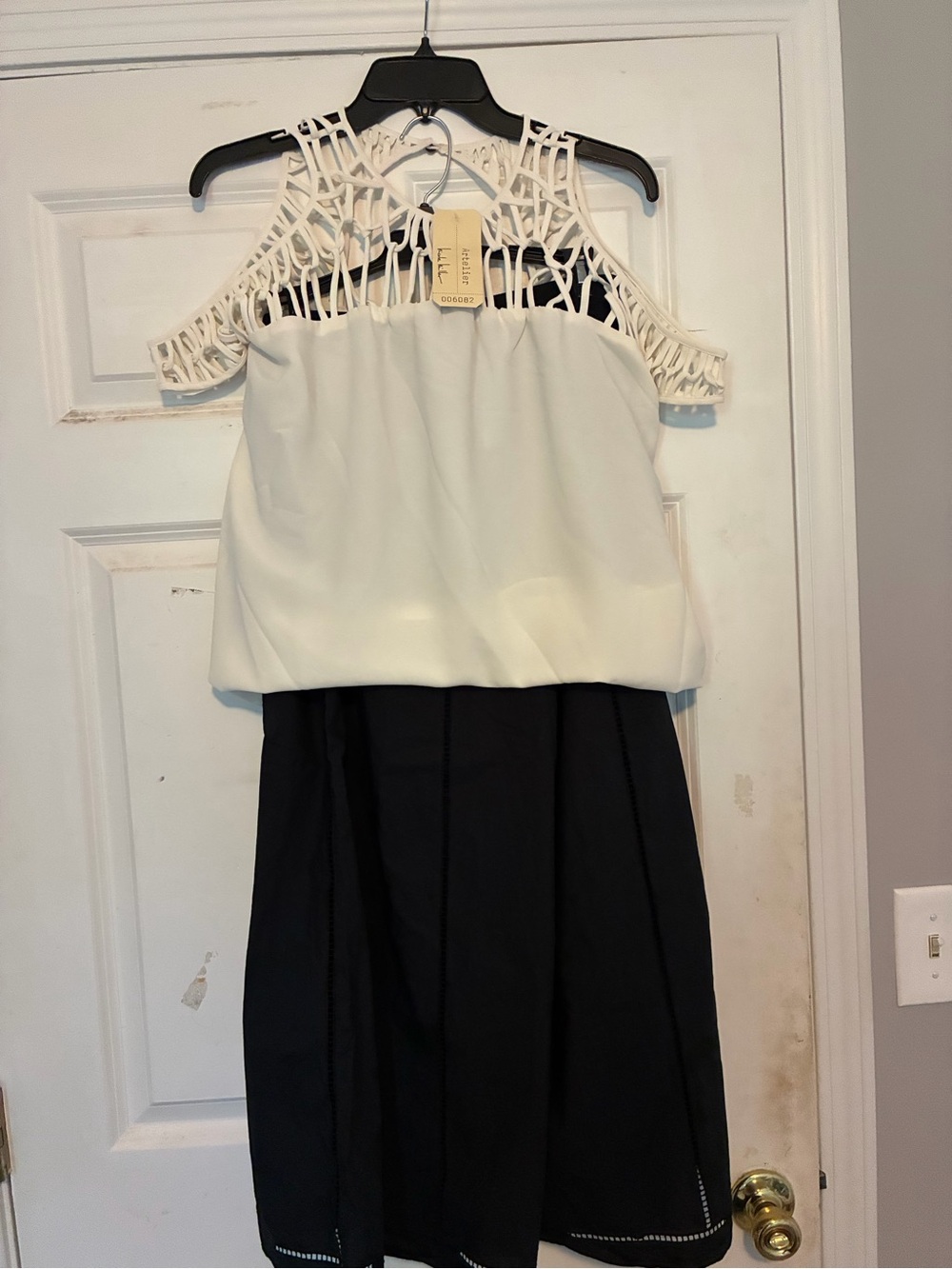 Nicole Miller White Macramé Yoke Top With Theory Black Ladder Lace Pants